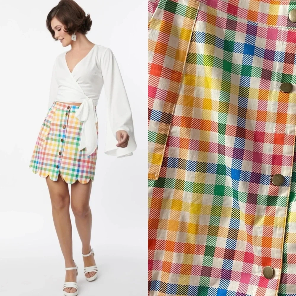 Unique Vintage Smak Parlour Rainbow Gingham Campus Mini Skirt - Picture 1 of 10